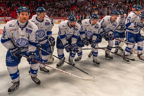 Leksand players celebrating a victory against arch rivals Mora IK in 2013.