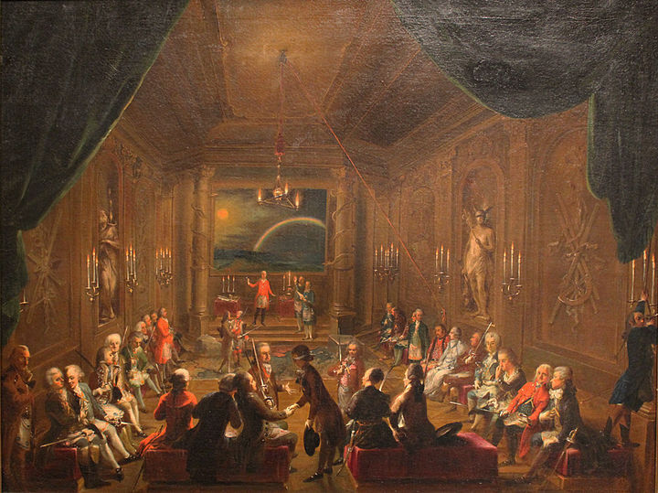 A Masonic lodge meeting of Mozart's day, once thought to portray Mozart's own lodge.[1] Oil painting (1789), Wienmuseum Vienna.