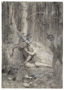 A drawing of Puck, Titania and Bottom in A Midsummer Night's Dream from Act III, Scene II by Charles Buchel, 1905 My Mistress with a Monster is in Love.jpg