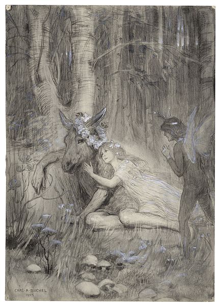 A drawing of Puck, Titania and Bottom in A Midsummer Night's Dream from Act III, Scene II by Charles Buchel, 1905