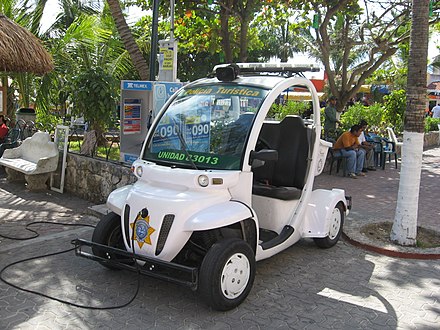 A GEM e2 used by the Tourist Police in Playa del Carmen, Mexico, being recharged