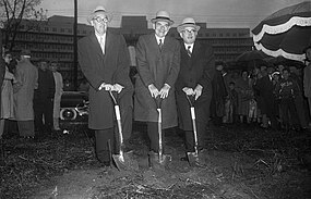 Nathaniel Goldstein, Thomas Dewey, and Samuel Belkin Holding Shovels.jpg