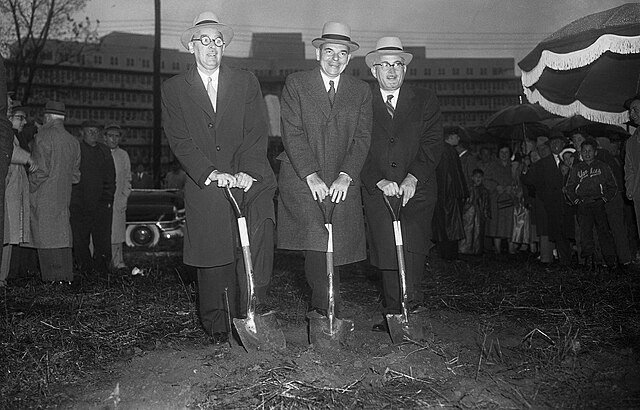Image: Nathaniel Goldstein, Thomas Dewey, and Samuel Belkin Holding Shovels