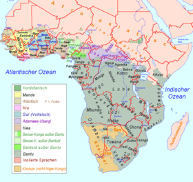 Le lingue Ubangian, in viola sulla mappa, nel gruppo niger-congolese