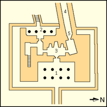 Geannoteerde kaart van de valleitempel van Nyuserre.  In detail beschreven in de komende sectie.