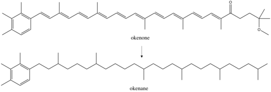 Purple sulfur bacteria produce the pigment molecule okenone, which is then diagenetically altered and preserved as the partially saturated okenane. Discovering okenane in sediments is considered evidence of purple sulfur bacteria, implying an anoxic and sulfidic environment. Okenone and Okenane.png