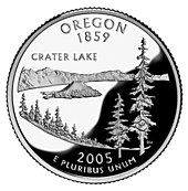 Pièce figurant la caldeira avec les mentions « Oregon 1859 Crater Lake 2005 e pluribus unum ».