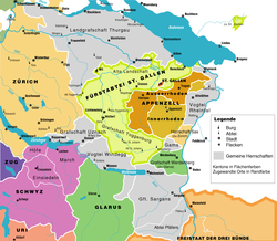 Ostschweiz 1798, rechts die Vogtei Rheintal in Grau, südlich des Bodensees und beschriftet Vogtei Rheintal