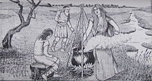 The boy Gwion attends to the Cauldron of Ceridwen Pair Ceridwen 00.JPG
