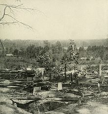 Union graves close to where the soldiers fell after the Confederates under John B. Hood attacked at Peachtree Creek PeachtreeCreek1864.jpg