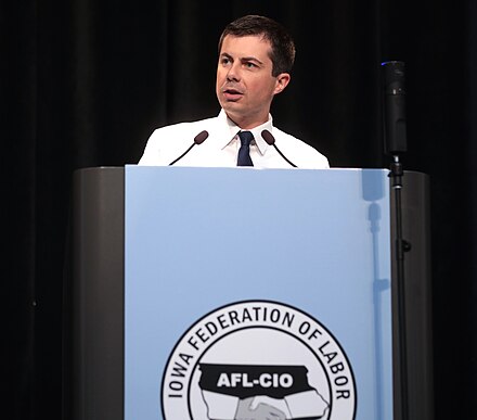Buttigieg speaking at the 2019 Iowa Federation of Labor Convention