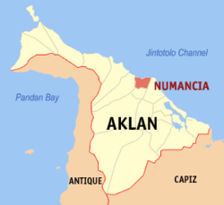 Mapa ng Aklan na nagpapakita sa lokasyon ng Numancia.