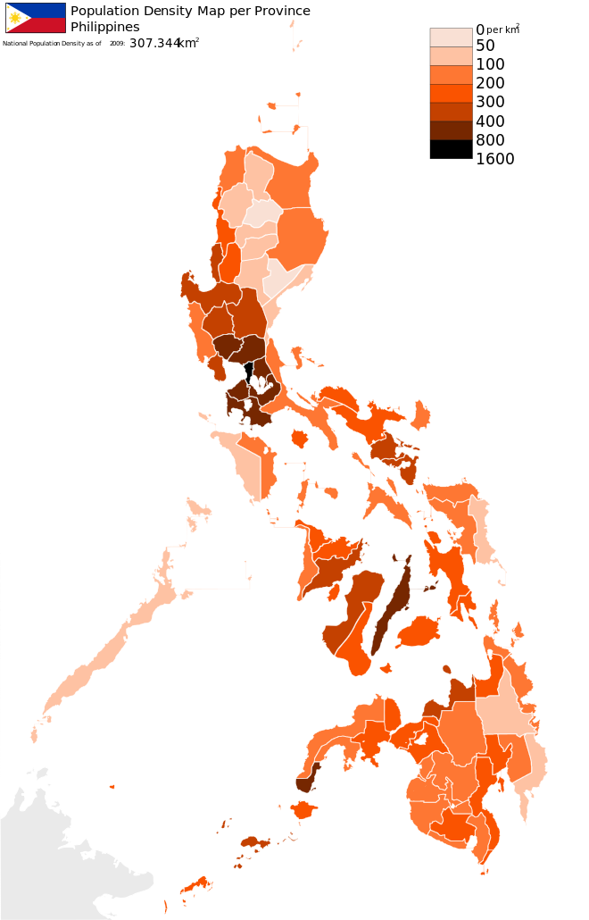 Philippines population density Map per province as of 2009 per square kilometer: .mw-parser-output .legend{page-break-inside:avoid;break-inside:avoid-column}.mw-parser-output .legend-color{display:inline-block;min-width:1.25em;height:1.25em;line-height:1.25;margin:1px 0;text-align:center;border:1px solid black;background-color:transparent;color:black}.mw-parser-output .legend-text{}  0–50   51–100   101–200   201–300   301–400   401–800   801–1600
