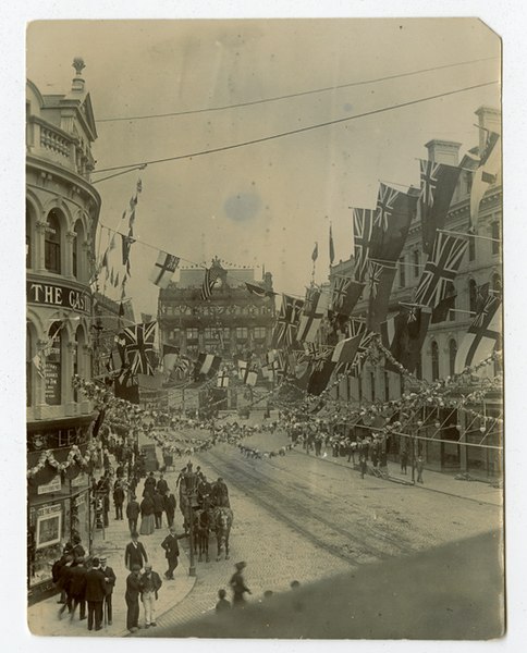 File:Photograph of a decorated Castle Junction, Belfast, looking towards Bank Buildings..jpg