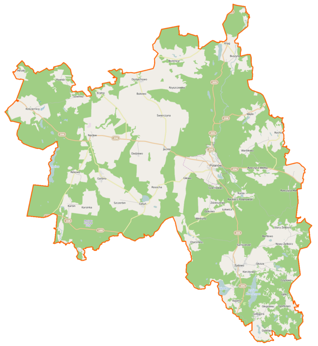 Mapa konturowa gminy Polanów, blisko centrum na prawo znajduje się punkt z opisem „Polanów”