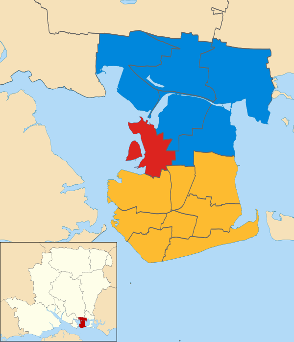 Map of the results of the 2004 Portsmouth council election. Liberal Democrats in yellow, Conservatives in blue and Labour in red. Portsmouth UK local election 2004 map.svg