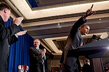 President Obama and Governor Kaine campaigning with Deeds on August 6 President Barack Obama speaks at a campaign rally for gubernatorial candidate Creigh Deeds, left, in Tyson's Corner Va., on Aug. 6, 2009. Current Virginia Gov. Tim Kaine is at right in background..jpg
