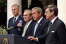 General Myers with Secretary of Defense Donald Rumsfeld, President George W. Bush and Presidential Envoy to Iraq Ambassador Paul Bremer during a press conference in the White House. President George W. Bush holds a press conference in the Rose Garden.jpg