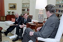 Abrams and John Whitehead meet with President Ronald Reagan in 1986 President Ronald Reagan Meeting with Elliott Abrams About Trip to Central America with John Whitehead.jpg