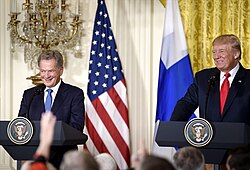 Finnish President Niinisto with US President Donald Trump in 2017 President of the United States Donald Trump & President of Finland Sauli Niinisto Joint Press Conference, August 28, 2017.jpg