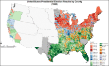 Results by county, with darker shades indicating larger percentages for the winning candidate. Red is for Lincoln (Republican), blue is for Douglas (Northern Democratic), green is for Breckinridge (Southern Democratic), yellow is for Bell (Constitutional Union), and purple is for "Fusion" (Non-Republican/Democratic Fusion). South Carolina did not permit any popular vote for the election. PresidentialCounty1860Colorbrewer.gif