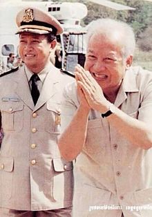 Sihanouk (right) with his son, Prince Norodom Ranariddh, on an ANS inspection tour during the 1980s