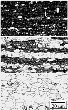 Three EBSD maps of the stored energy in an Al-Mg-Mn alloy after exposure to increasing recrystallization temperature. The volume fraction of recrystallized grains (light) increases with temperature for a given time. Luke Hagen RecrystallisationOfAluminium.jpg