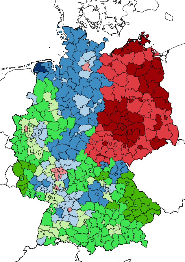 A Map of Germany showing religious statistics by district. And Catholicism dominates the south and west, Protestantism Swabia and the north, and other or no religion dominates the east and some major cities.