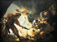 The landscape format oil painting from 1636 is entitled "The Blende Simsons".  The picture shows a scene of terrifying cruelty that takes place in the semi-darkness of a low, cave-like room, possibly a tent.  A roughly head-high, triangular opening in the left half of the picture allows light to enter the otherwise completely dark room.  As a result, those involved in the event (Simson, Delila and five soldiers) are bathed in an eerie sidelight.  Samson, around 70 years old, with a strong, reddish beard, was thrown down by the soldiers and is now rolling on the floor in the lower center of the picture.  He is dressed in a simple, pale yellow robe that has opened on the upper body in the fight with the soldiers, exposing his chest and stomach.  Samson lies in front of us on his back, torso and legs diagonally to the left and back, his head directed to the front and right.  He put his left leg on the floor at an angle and lifted the right one with cramped toes.  Alone - his resistance is in vain.  To his left stands a soldier with his legs apart, who bends down and threatens him with a halberd.  The man is wearing rust-red clothes and a kind of turban;  he can be seen as a dark silhouette in front of the triangular, bright opening of the cave.  A soldier is lying on the ground under Samson, who has clasped his upper body with both arms and is pulling it down.  Behind Samson two soldiers with shiny black armor emerge from the darkness.  The one behind has an iron chain wrapped around Samson's raised right arm and lashed into place.  The one in front has leaned over the victim and stabs his right eye with a dagger, which he wields with his armored glove.  Blood splatters.  At the right edge of the picture you can see the terrified face of another soldier in the semi-darkness;  In the background on the left you can see Delilah, a young woman in a white robe, escaping the scene in the direction of the light - in the right a pair of scissors, in the left the hair that Samson cut off earlier.