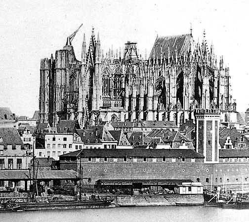 The unfinished cathedral as in 1856. The east end had been finished and roofed, while other parts of the building are in various stages of construction.