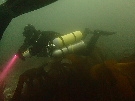 Sidemount diver on trimix decompression dive at Tafelberg Deep