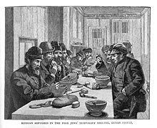 Russian refugees in the Leman Street shelter, drawn by Ellen Gertrude Cohen for the Illustrated London News in 1891 Russian refugees in the Poor Jews Temporary Shelter, Leman Street by Ellen Gertrude Cohen 1891.jpg
