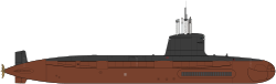 A silhouette profile of the design's hull, barring air-independent propulsion. Scorpena class SSK Kalvari variant.svg