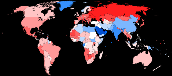 Sex ratio by country for total population. Blue represents more men and boys, red more women and girls than the world average of 1.01 males/female.