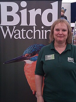 Former editor Sheena Harvey at a birdwatchers' fair at Middleton Hall on 21 May 2011 Sheena Harvey editor Bird Watching magazine.jpg