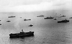 Ships of Task Force 78 in the Gulf of Tonkin, heading for North Vietnam to conduct Operation End Sweep. Ships of U.S. Task Force 78 (Mine Countermeasures Force) in the Gulf of Tonkin, circa in February 1973 (USN 1155300).jpg