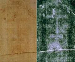 A photo of the Shroud of Turin face, positive left, negative on the right, having been contrast enhanced Shroud positive negative compare.jpg