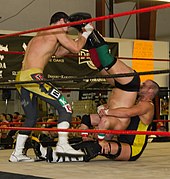 Jake O'Reilly (right) Anthony Darko (Left) execute an aided piledriver Spike piledriver.jpg