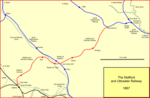 The Stafford & Uttoxeter Railway system in 1867 Stafford & uttox 1867.png