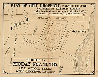 Estate map showing gasworks at Petrie Bight, 1885 StateLibQld 2 262992 Estate map of property fronting Adelaide, Boundary and Macrossan Streets, Brisbane, Queensland, 1885.jpg