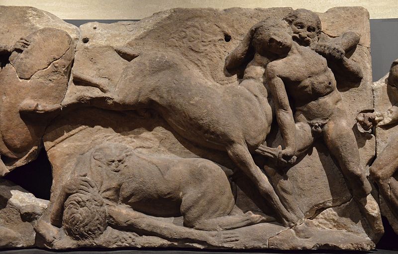 File:The Bassai sculptures, marble block from the frieze of the Temple of Apollo Epikourios at Bassae (Greece), Lapiths fight Centaurs, about 420-400 BC, British Museum (14073626197).jpg