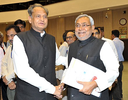 Chief Minister of Rajasthan, Ashok Gehlot with the Chief Minister of Bihar, Nitish Kumar at the Chief Ministers’ Conference on Internal Security, in New Delhi on 16 April 2012.
