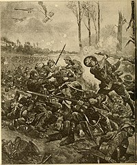 Canadian and German soldiers clash at Kitcheners' Wood during the Second Battle of Ypres. The people's war book; history, cyclopaedia and chronology of the great world war (1919) (14759015696).jpg