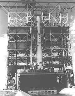 SOLRAD 2's Thor-Ablestar on launch day Thor Able Star with Transit 3A Nov 30 1960 pad.jpg