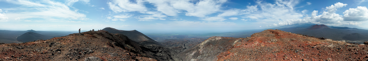 360deg panorama on top of a cinder cone from the 1975 eruption. The peak of Ostry Tolbachik can be found in the clouds on the right. Tolbachik volcano 1975 cone pano Kamchatka on 2015-07-28.png