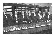 Leonardo Torres Quevedo as a new member of the RAE together with some of the academics after the inauguration, 30 October 1920.