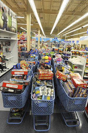 Rows of carts filled with toys for different a...