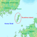 Tsushima ligger mellom Kyushu og Korea.