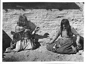 Two Mojave Indian women playing a game (fortune-telling with bones?), c. 1900 Two Mojave Indian woman playing a game (fortune-telling with bones%3F), ca.1900 (CHS-3410).jpg