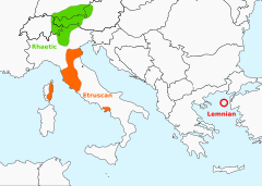 Kart over utbredelsen av tyrsenske språk. ██ Etruskisk ██ Rhaetisk ██ Lemnisk